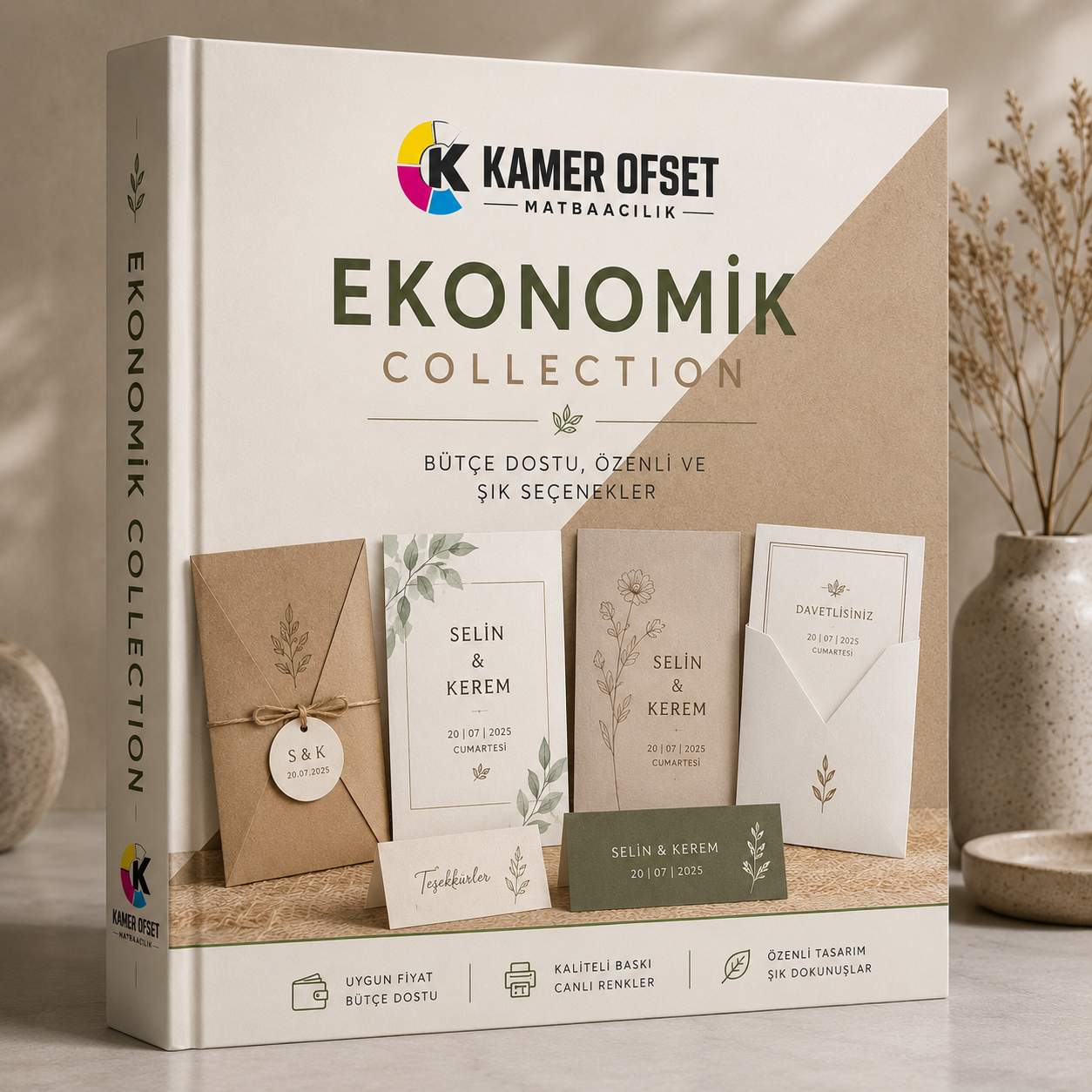 Bej kapaklı Kamer Ofset Ekonomik davetiye kataloğu ve davetiye örnekleri