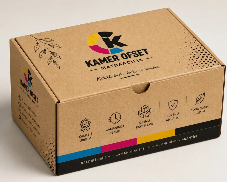 Kapaklı, kahverengi kraft kutu üzerinde logo ve desen baskısı