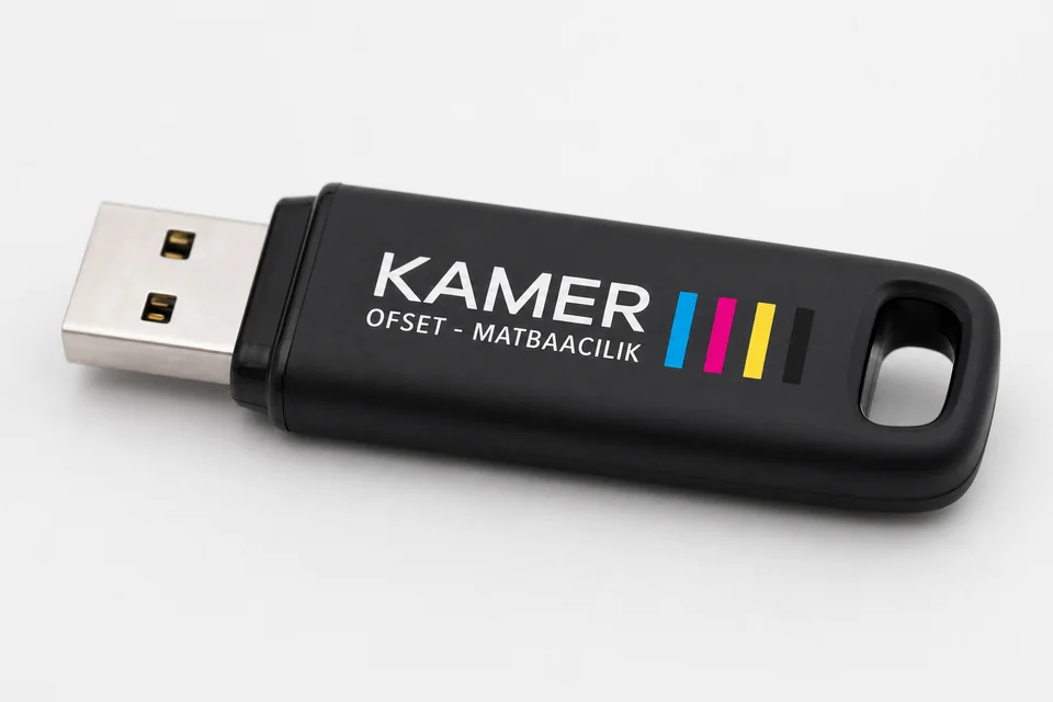 Siyah gövdeli, logo baskılı USB bellek